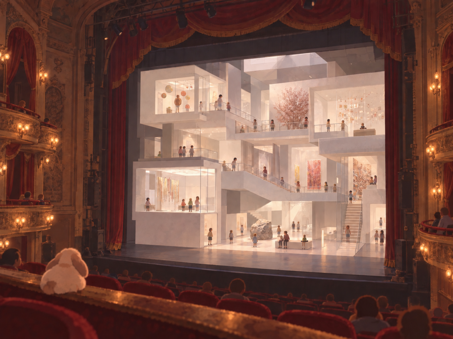 A layered museum unfolds within a historic theatre, viewed by a visitor and a white rabbit.